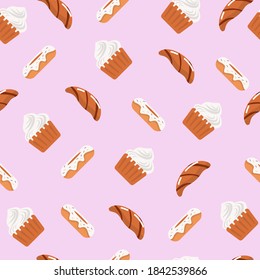 Vector illustration of a seamless pattern with sweets: donuts, croissants, cakes