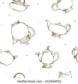 Vector illustration, seamless pattern of teapot. Hand drawn, doodle, beautiful tea kettle on polka dot background.
