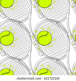 Vector illustration of seamless pattern with tennis, rackets, ball. Hand drawn, drawing paper, design background, backdrop. Sport inventory for winner.