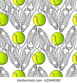 Vector illustration of seamless pattern with tennis, rackets, ball. Hand drawn, drawing paper, design background, backdrop. Sport inventory for winner.