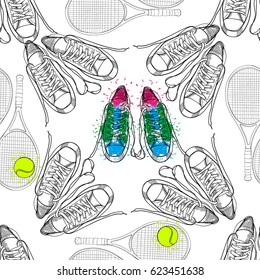 Vector illustration of seamless pattern with tennis, rackets, ball. Hand drawn, drawing paper, design background, backdrop. Sport inventory for winner.