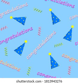 Vector illustration. Seamless pattern with the text "Congratulations" on a blue background. Design element for poster, banner, clothes.