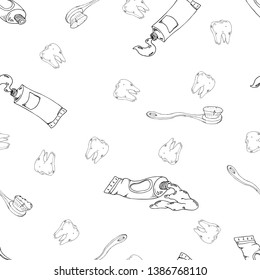 Vector illustration of seamless pattern. Toothpaste, tooth, dental counter. Caring for the health of the mouth. Hand drawing.