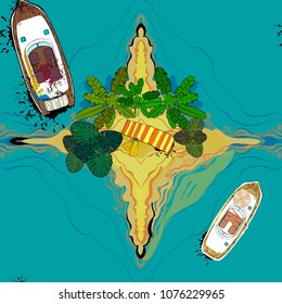 Vector illustration of seamless pattern with top view ships, palms, towel and island around sea. Drawing of passenger cruise liners on the water
