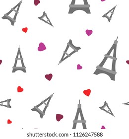 Vector Illustration. Seamless Pattern tower in flat style. Hearts and Tour Eiffel for background