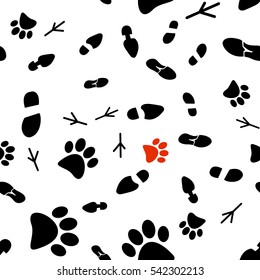Vector illustration of a seamless pattern of traces of people, birds and wild animals, flat style