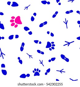 Vector illustration of a seamless pattern of traces of people, birds and wild animals, flat style