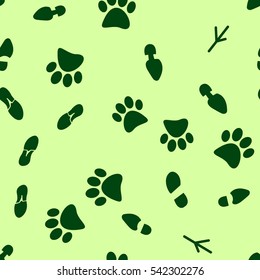 Vector illustration of a seamless pattern of traces of people, birds and wild animals, flat style