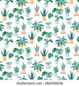 Vector illustration of a seamless pattern of trendy house plants in pots: aloe vera, fiddle leaf fig, snake plant, monstera, burros tail, aglaonema, jade plant. Decor for the interior of the house.