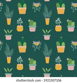 Vector illustration of a seamless pattern of trendy house plants in pots: aloe vera, fiddle leaf fig, snake plant, monstera, burros tail, aglaonema, jade plant. Decor for the interior of the house