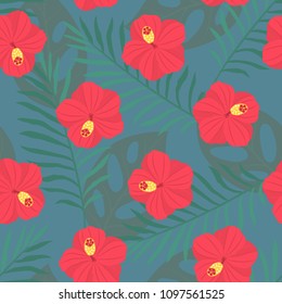 Vector illustration: seamless pattern with Tropical exotic flowers, palm leaves, jungle leaf, hibiscus. Floral elements isolated on blue background for greeting card, fabric, wallpaper.

