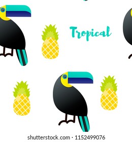 Vector illustration. Seamless pattern. Tropical ornaments. Toucan, pineapple