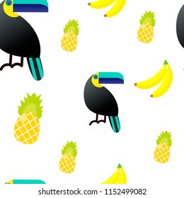 Vector illustration. Seamless pattern. Tropical ornaments. Toucan, pineapple
