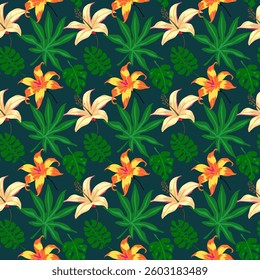 Vector illustration of seamless pattern of tropical leaves and flowers, summer season, background and wallpaper abstract design.