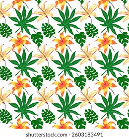 Vector illustration of seamless pattern of tropical leaves and flowers, summer season, background and wallpaper abstract design.