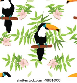 Vector illustration seamless pattern with tropical, exotic bird toucan and flowers, leaves.