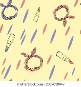 ilustración vectorial tubo de patrón sin soldadura de lápiz labial, pañuelo femenino, impresión retro, para papel pintado o tela