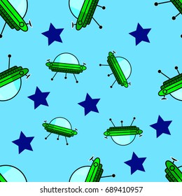 Vector illustration. Seamless pattern of UFO. Background for fantastic posters, design for textiles. eps10