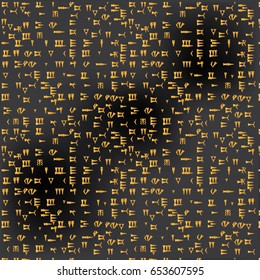 vector illustration of the seamless pattern with Ugaritic cuneiform. Gold letters on black background