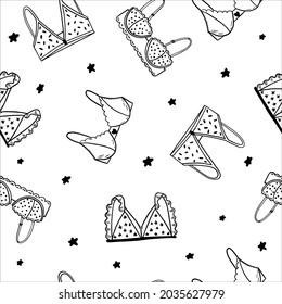 Vector illustration seamless pattern: underwear, bra, bra, on a white background with stars, hand drawing, excellent element for your design.