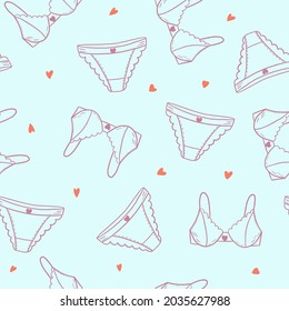 Vector illustration seamless pattern: underwear, kit, bra, panties, on a blue background with hearts, hand drawing, great element for your design.