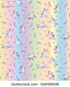 Vector illustration of seamless pattern from unicorns on pastel rainbow background. Unicorn texture