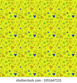 Vector illustration. Seamless pattern vector Valentine background with abstract hearts, chamomile flower and I love you text. Design maked in black, green and yellow colors.