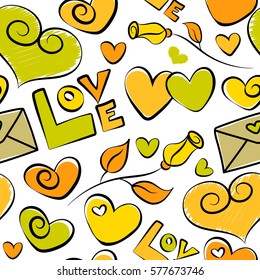 Vector illustration. Seamless pattern Valentine vector background with hearts and love happy holiday. Love symbols in yellow colors on a white background.
