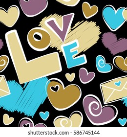 Vector illustration. Seamless pattern vector Valentine background with abstract hearts, letter and love text. Design maked in yellow and violet colors over a black backdrop.