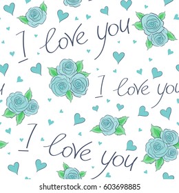 Vector illustration. Seamless pattern Valentine vector background with hearts and love happy holiday. Love symbols in blue colors on a white background.