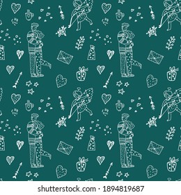 Vector illustration. Seamless pattern for Valentine's Day in doodle style on a green background. 