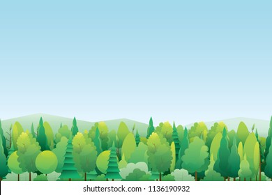 Vector illustration of seamless pattern with various trees and mountain background.