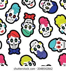 Vector illustration of seamless pattern with various multicolored traditional Mexican calaveras or sugar skulls for Day of Dead celebration on white background