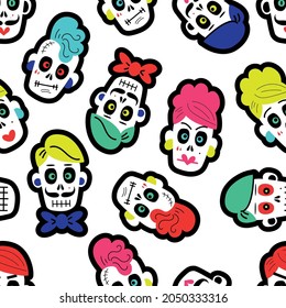 Vector illustration of seamless pattern with various multicolored traditional Mexican calaveras or sugar skulls for Day of Dead celebration on white background