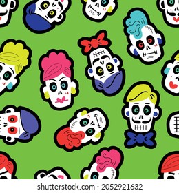 Vector illustration of seamless pattern with various multicolored traditional Mexican calaveras or sugar skulls for Day of Dead celebration on green background