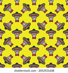 Vector illustration of seamless pattern with various multicolored traditional Mexican calaveras or sugar skulls for Day of Dead celebration on yellow background