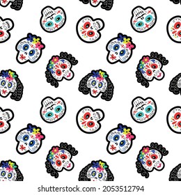 Vector illustration of seamless pattern with various multicolored traditional Mexican calaveras or sugar skulls for Day of Dead celebration on white background