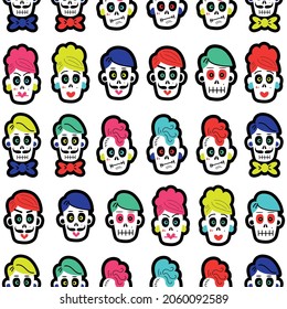 Vector illustration of seamless pattern with various multicolored traditional Mexican calaveras or sugar skulls for Day of Dead celebration on white background