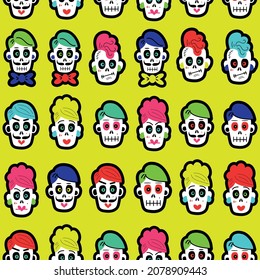 Vector illustration of seamless pattern with various multicolored traditional Mexican calaveras or sugar skulls for Day of Dead celebration on yellow background