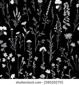vector illustration of Seamless pattern with various wildflowers and delicate plants on black background