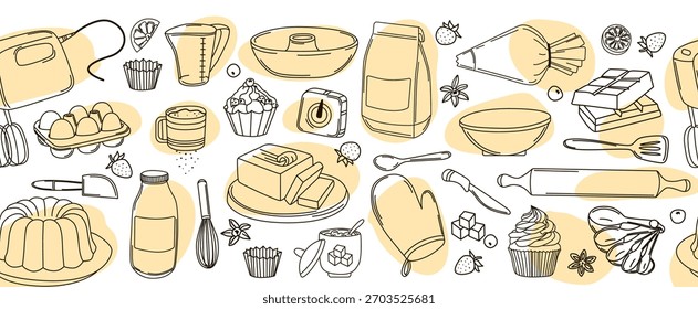 Ilustração vetorial de um padrão sem costura com várias ferramentas de cozimento e ingredientes. Inclui uma batedeira, ovos, farinha, copos de medida e chocolate. Perfeito para projetos de culinária e criação de receitas.