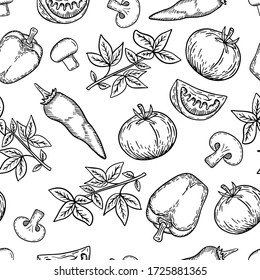 Vector illustration seamless pattern vegetables in doodle style, tomato, pepper, mushrooms, basil, great element for your design.