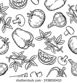 Vector illustration seamless pattern vegetables in doodle style, tomato, pepper, mushrooms, basil,garlic, great element for your design.