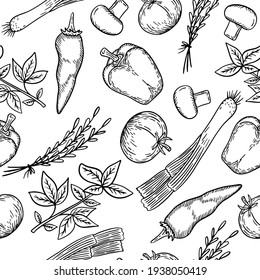Vector illustration seamless pattern vegetables in doodle style, tomato, pepper, mushrooms, basil, onion, great element for your design.