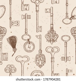 Vector illustration, seamless pattern with vintage antique keys on light grunge background. Aged pattern for wrapping paper, fabric, scrapbooking. Metal keys with ornaments, monograms and key chains.