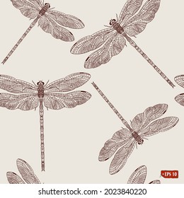 Vector illustration of seamless pattern with vintage dragonflies. Hand drawn ink vector illustration of insect. Elements for label design, background, factories, design paper.
