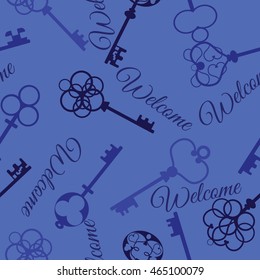 Vector illustration. Seamless pattern vintage keys. With an inscription welcome.