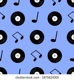 Vector illustration. Seamless pattern
vinyl and music notes on a blue background. Design element for poster, banner, clothes.