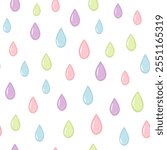 Vector illustration. Seamless pattern of volumetric raindrops in rainbow colors on a white background. Pink, blue, green, purple drops. Print on textiles, fabric design, packaging, wrapping paper