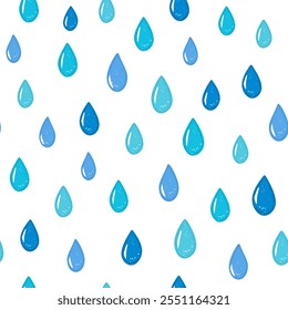 Ilustración vectorial. Patrón sin fisuras de gotas de lluvia azul volumétrico sobre un fondo blanco. Impresión en textiles, diseño de la tela, embalaje, papel de embalaje, Fondo de pantalla de los niños
